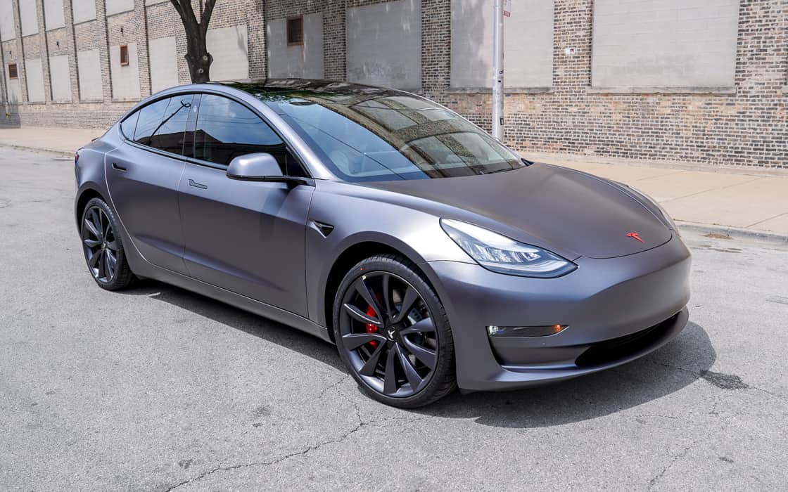 Tesla Model S Vinyl Wrapped Gloss Grey, Matte Black, 3M Satin Red